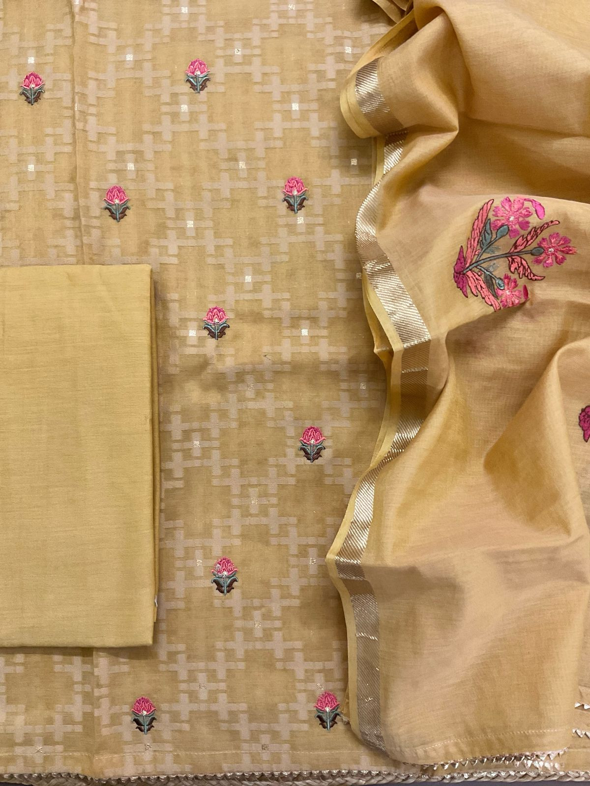 Pure Chanderi Banarasi Weaved Embroidered Suit - Mustard Yellow