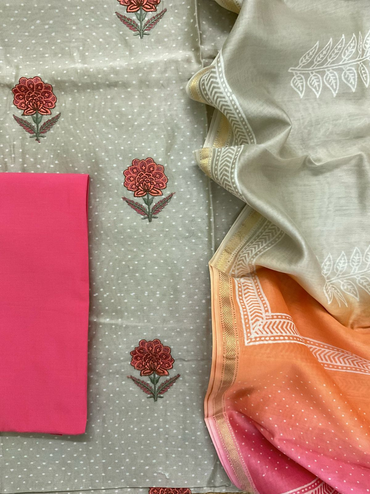 Pure Maheshwari Printed Embroidered Suit - Beige