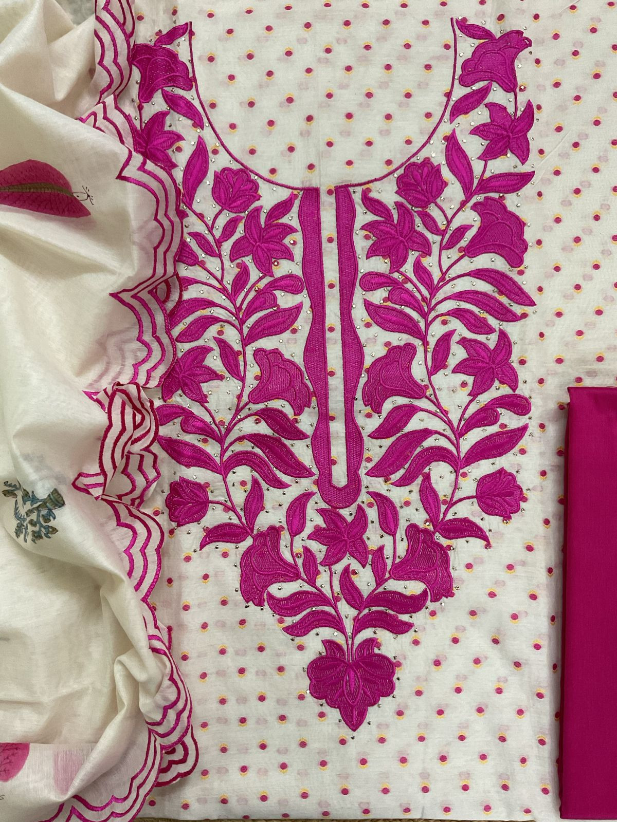 Pure Chanderi Printed Self Weaved Embroidered Suit - Offwhite