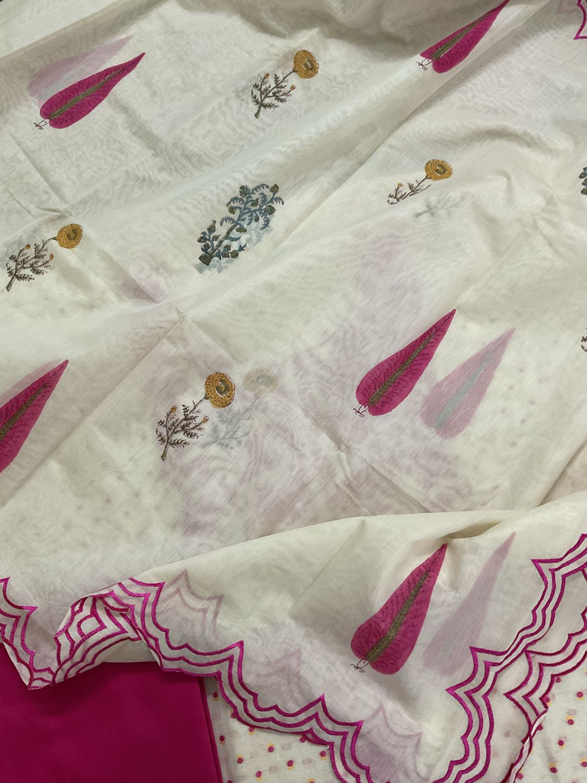 Pure Chanderi Printed Self Weaved Embroidered Suit - Offwhite