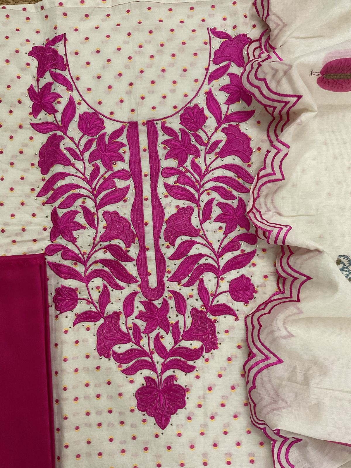 Pure Chanderi Printed Self Weaved Embroidered Suit - Offwhite