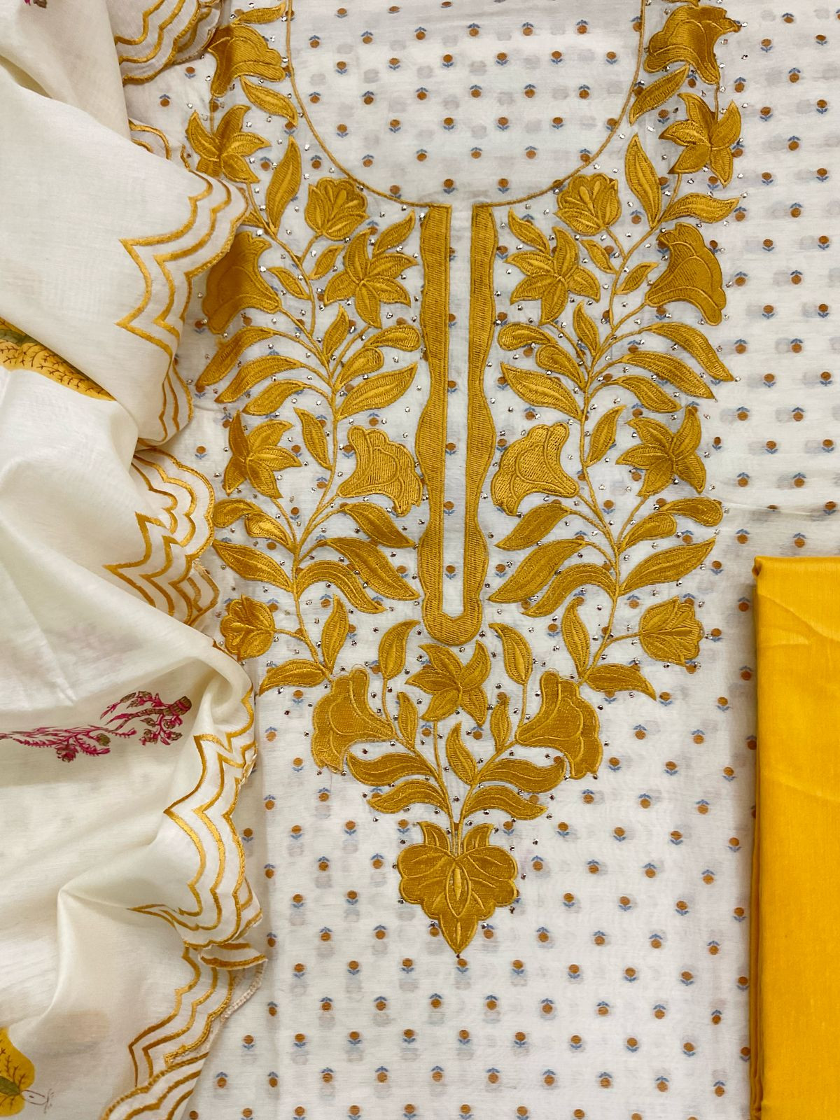 Pure Chanderi Printed Self Weaved Embroidered Suit - Offwhite