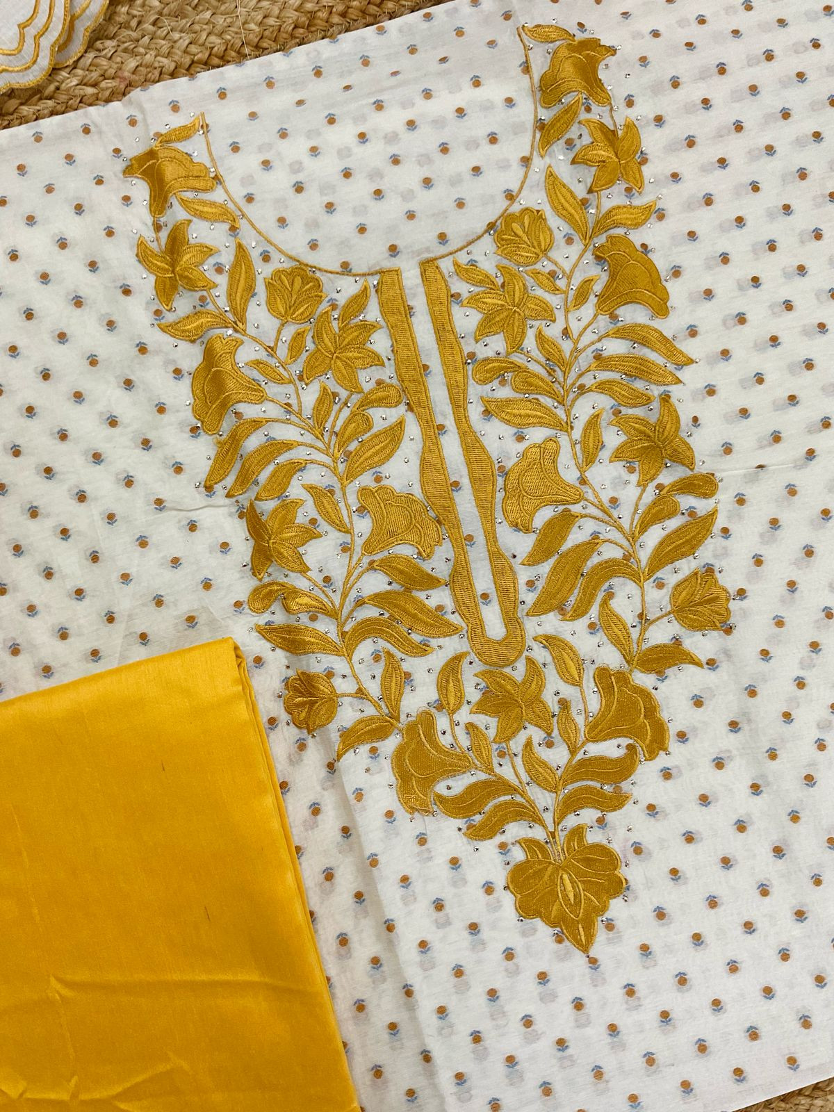 Pure Chanderi Printed Self Weaved Embroidered Suit - Offwhite