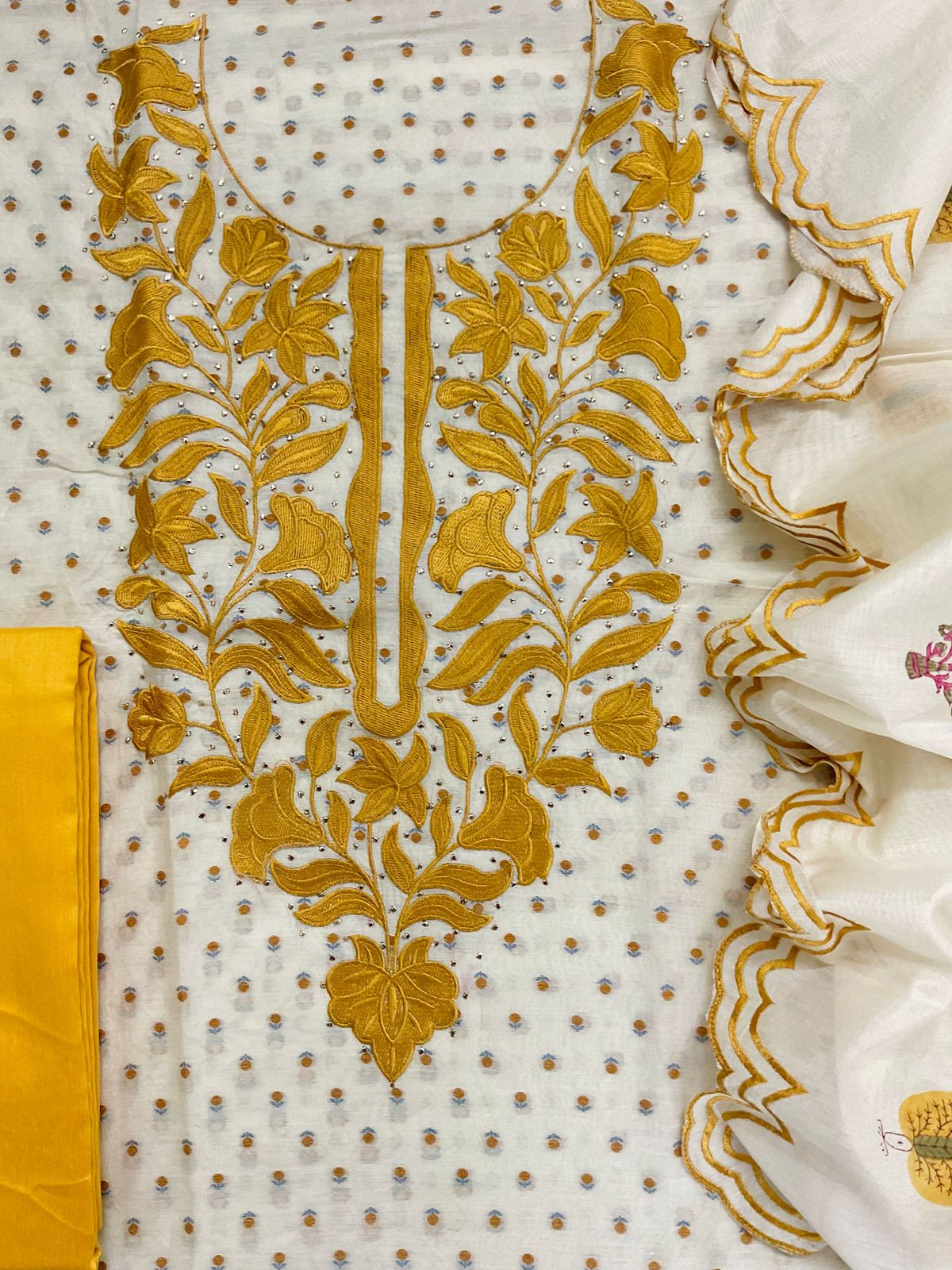 Pure Chanderi Printed Self Weaved Embroidered Suit - Offwhite