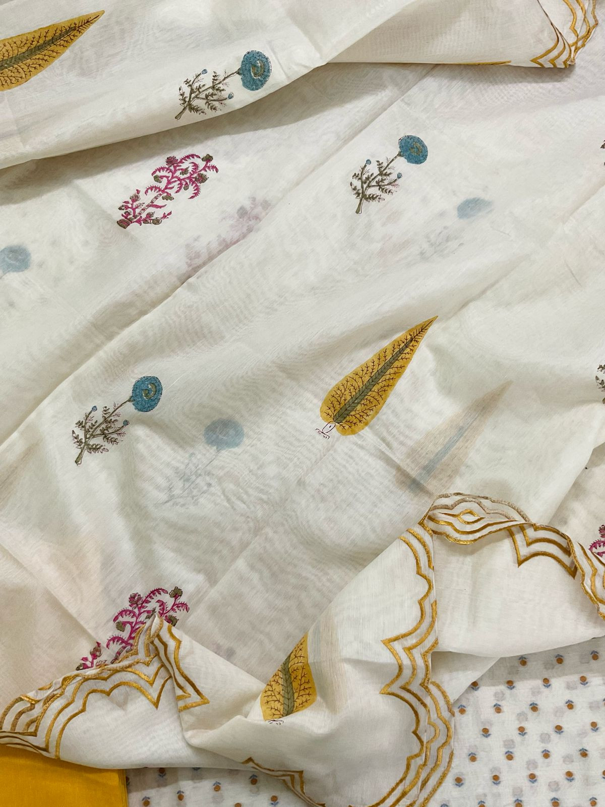 Pure Chanderi Printed Self Weaved Embroidered Suit - Offwhite