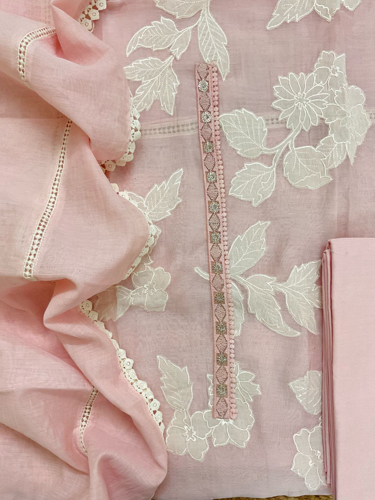 Pure Mul Chanderi Embroidered Suit - Pink