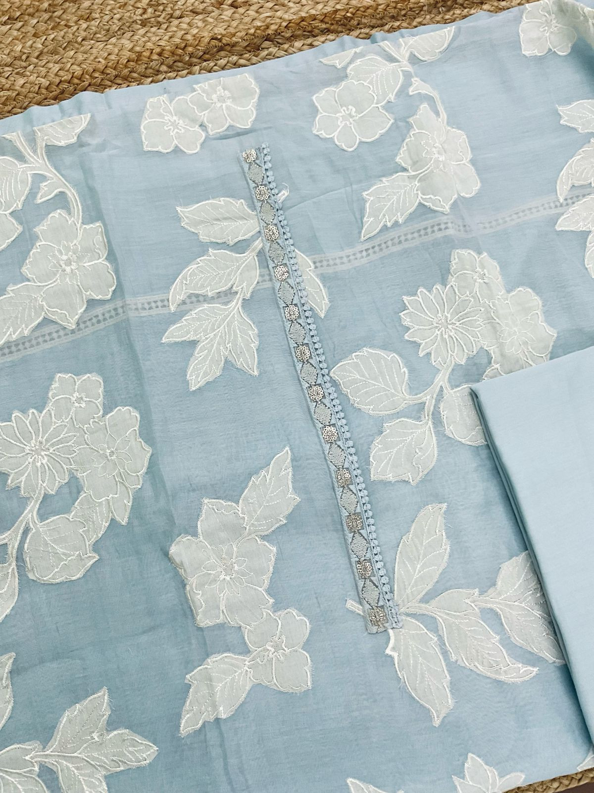 Pure Mul Chanderi Embroidered Suit - Blue