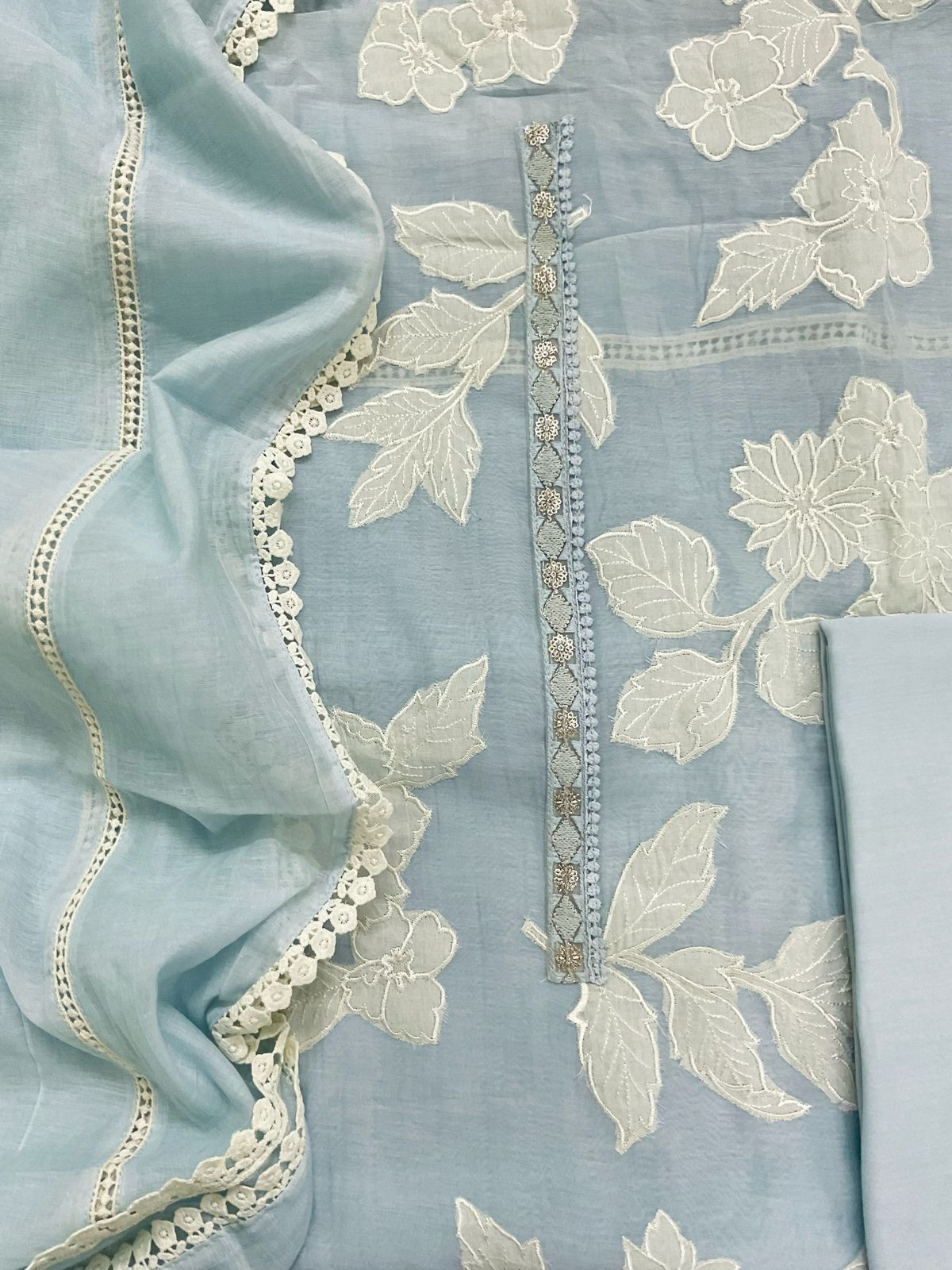 Pure Mul Chanderi Embroidered Suit - Blue