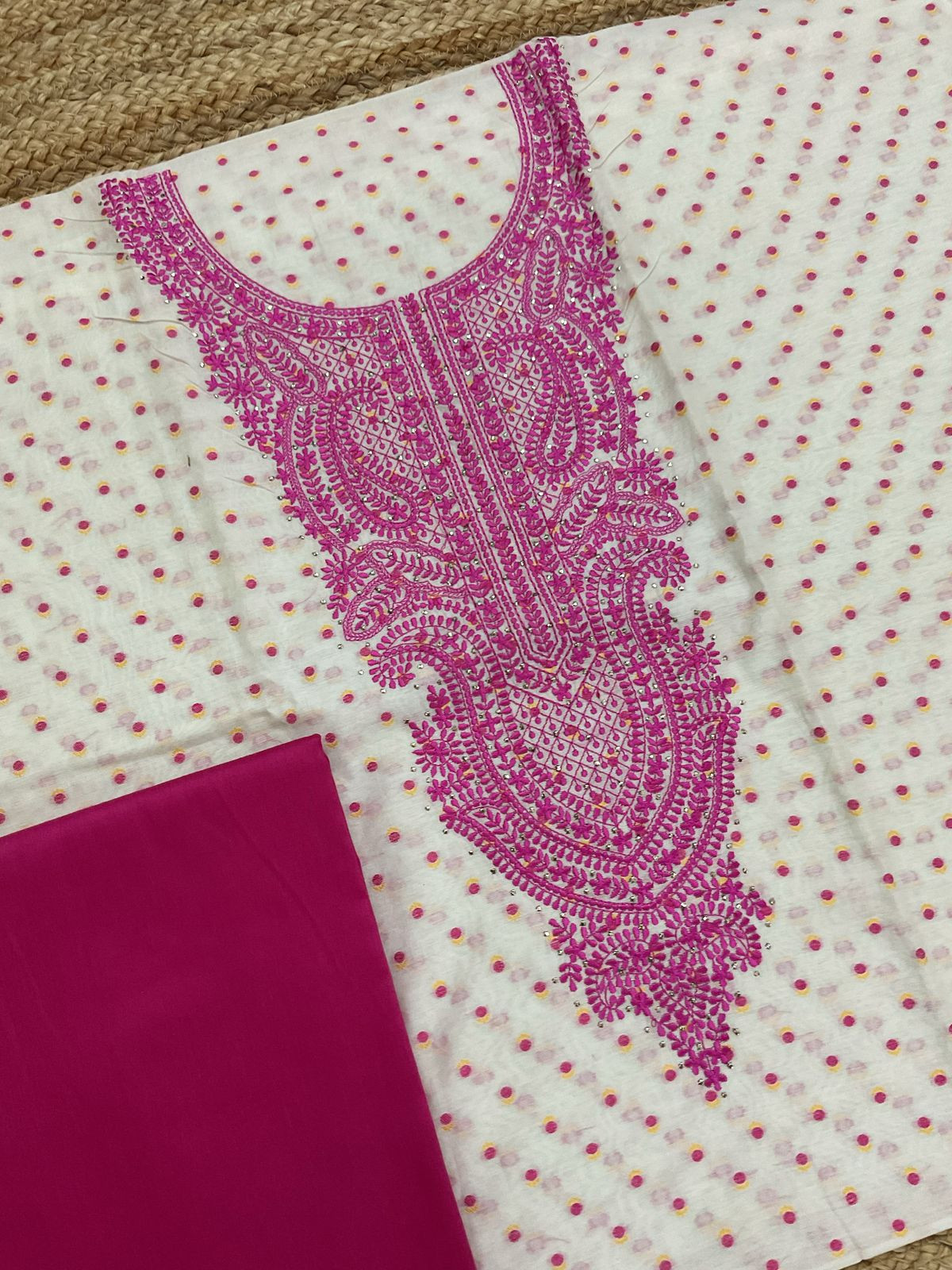 Pure Chanderi Printed Self Weaved Embroidered Suit - Offwhite