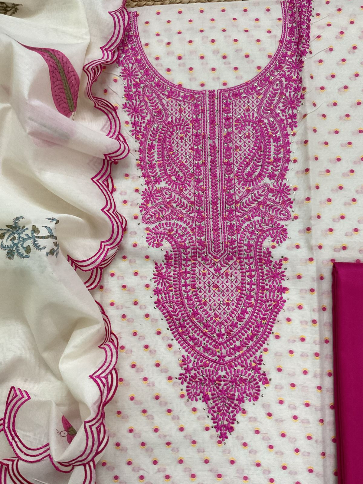 Pure Chanderi Printed Self Weaved Embroidered Suit - Offwhite