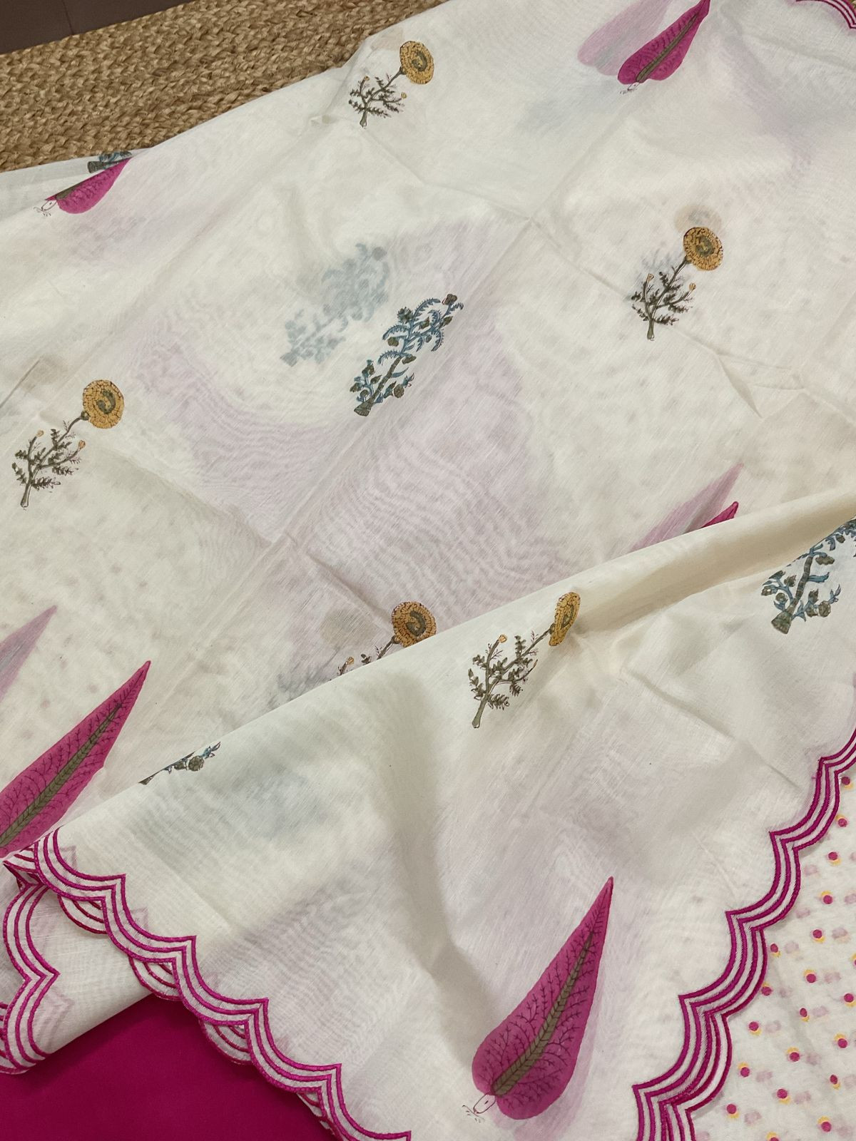 Pure Chanderi Printed Self Weaved Embroidered Suit - Offwhite