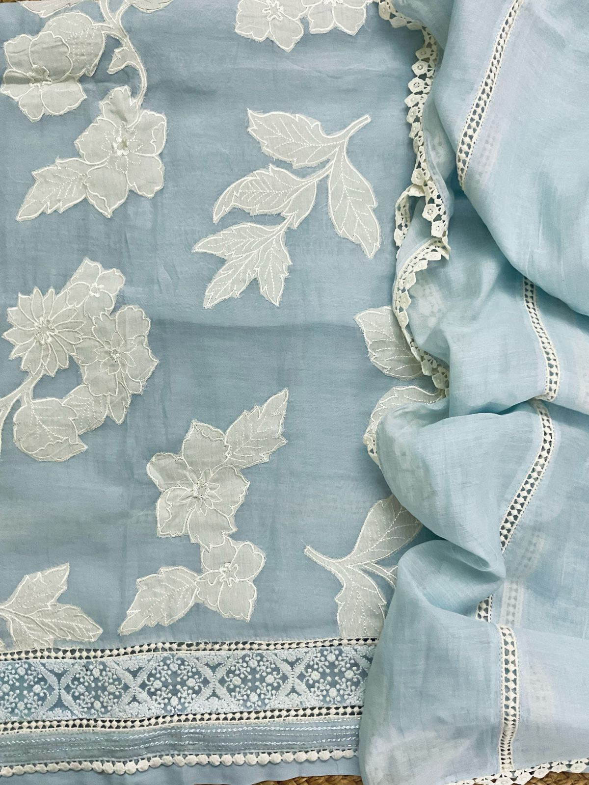 Pure Mul Chanderi Embroidered Suit - Blue