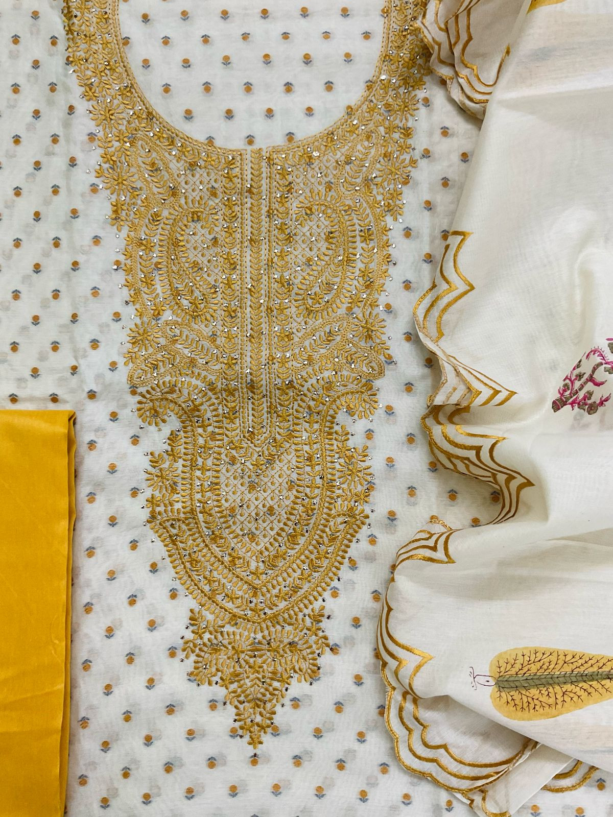 Pure Chanderi Printed Self Weaved Embroidered Suit - Offwhite