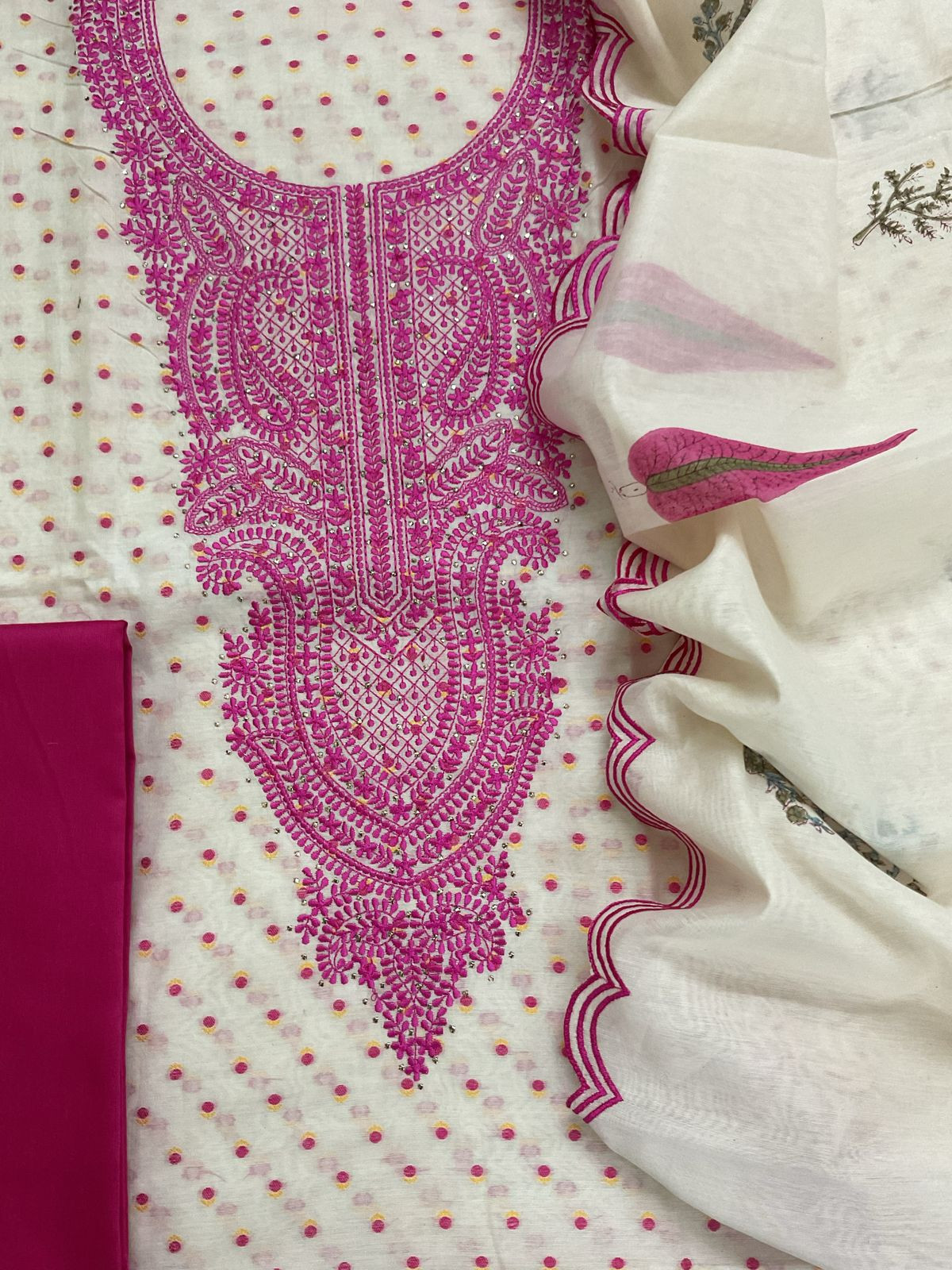 Pure Chanderi Printed Self Weaved Embroidered Suit - Offwhite