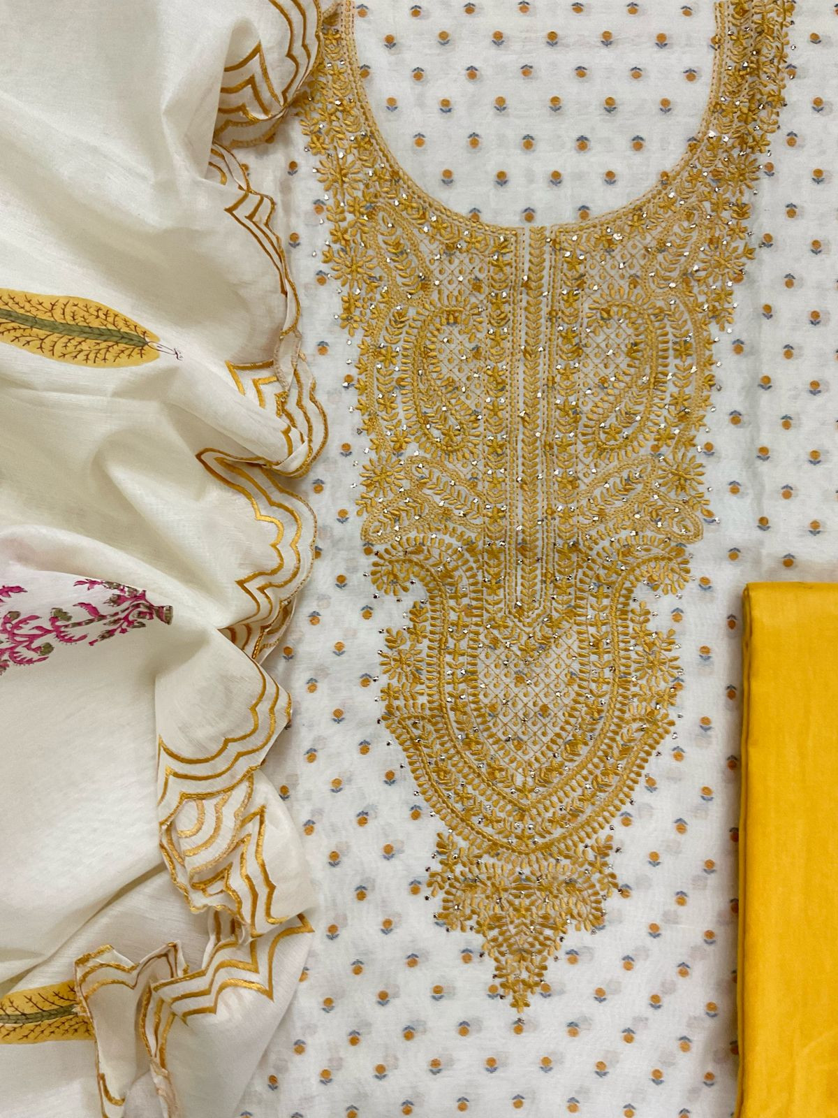 Pure Chanderi Printed Self Weaved Embroidered Suit - Offwhite