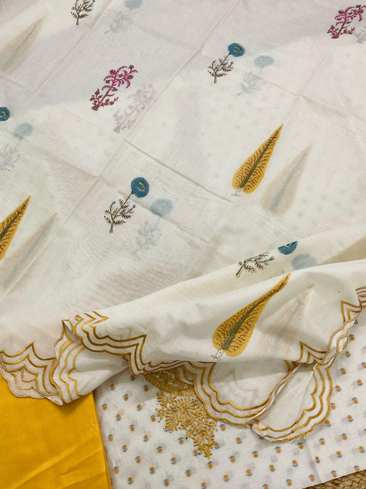 Pure Chanderi Printed Self Weaved Embroidered Suit - Offwhite