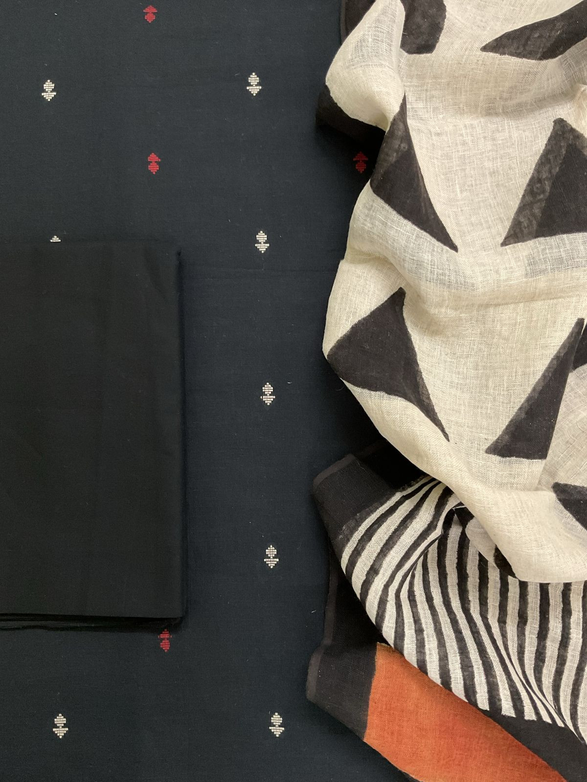 Pure Cotton Printed Self Weaved Suit - Black