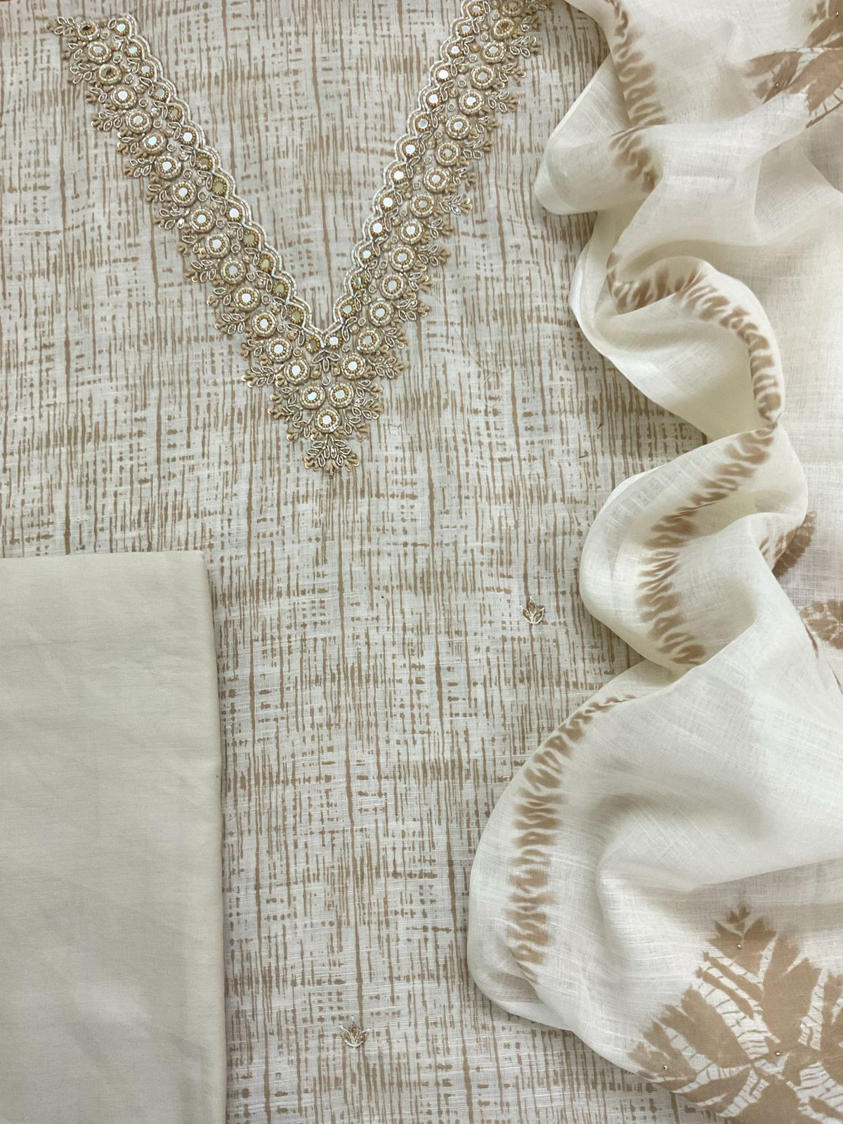 Soft Linen Jute Cotton Printed Embroidered Suit - Cream