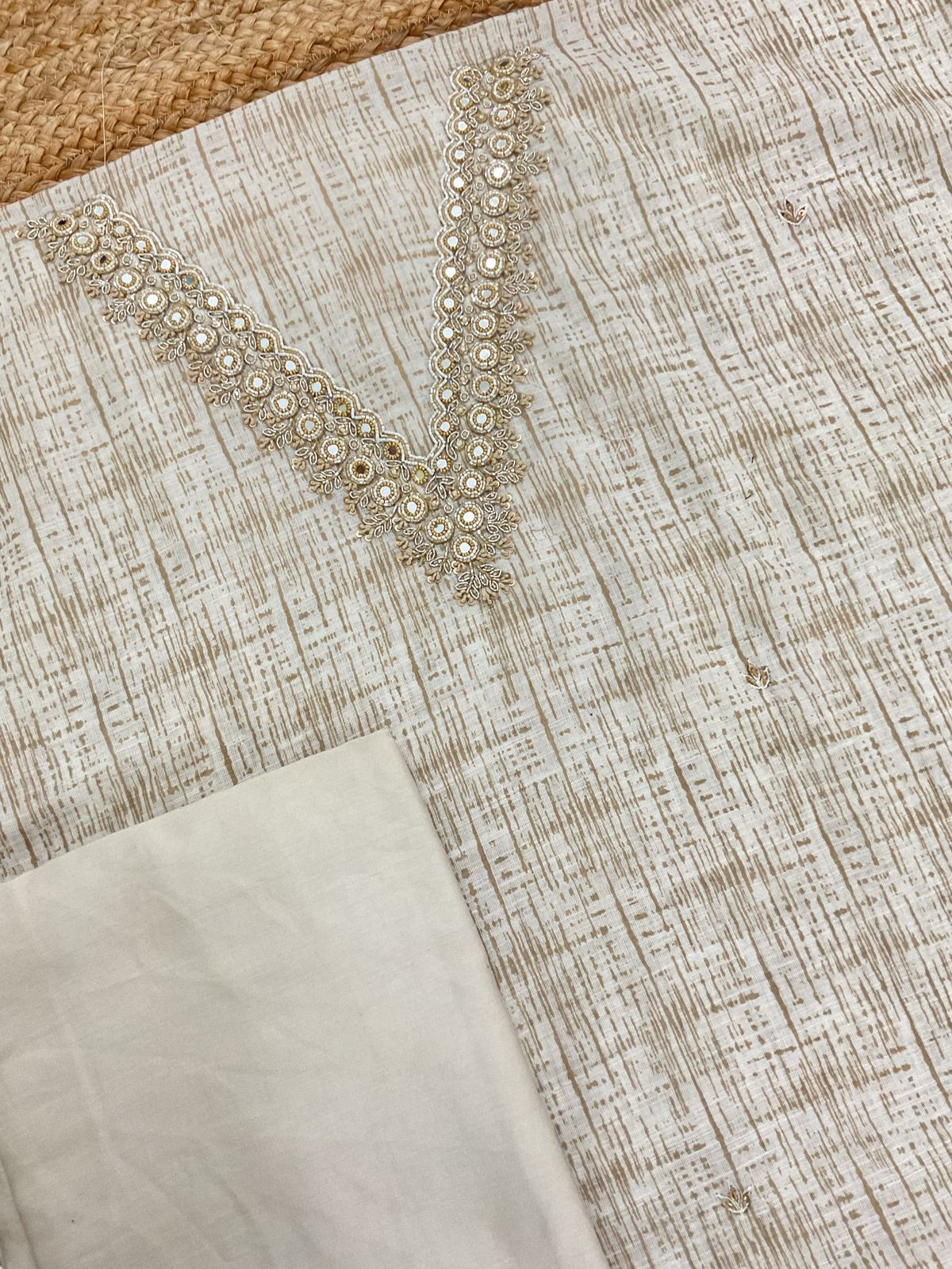 Soft Linen Jute Cotton Printed Embroidered Suit - Cream