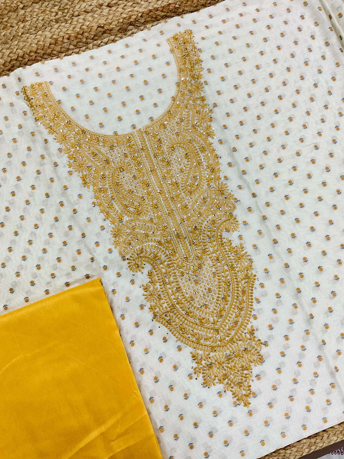 Pure Chanderi Printed Self Weaved Embroidered Suit - Offwhite