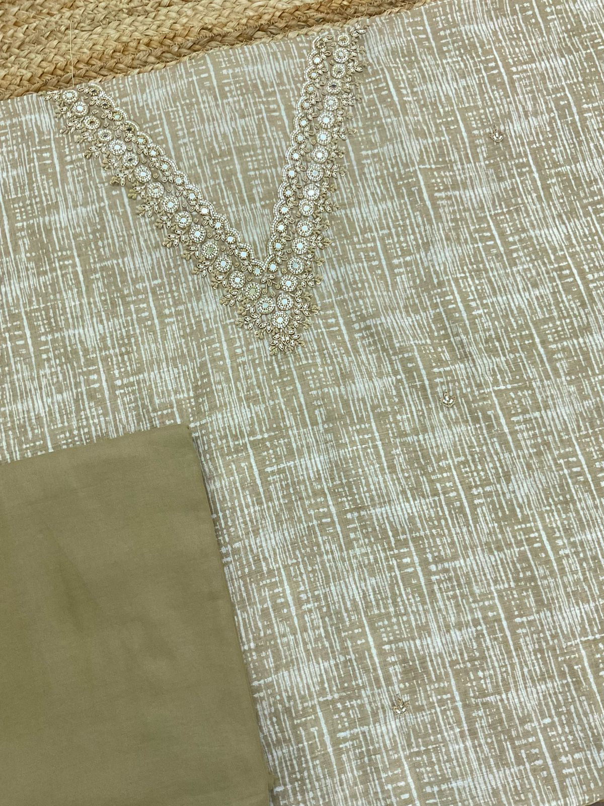 Soft Linen Jute Cotton Printed Embroidered Suit - Beige