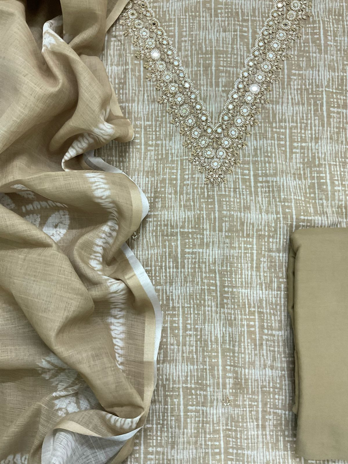 Soft Linen Jute Cotton Printed Embroidered Suit - Beige