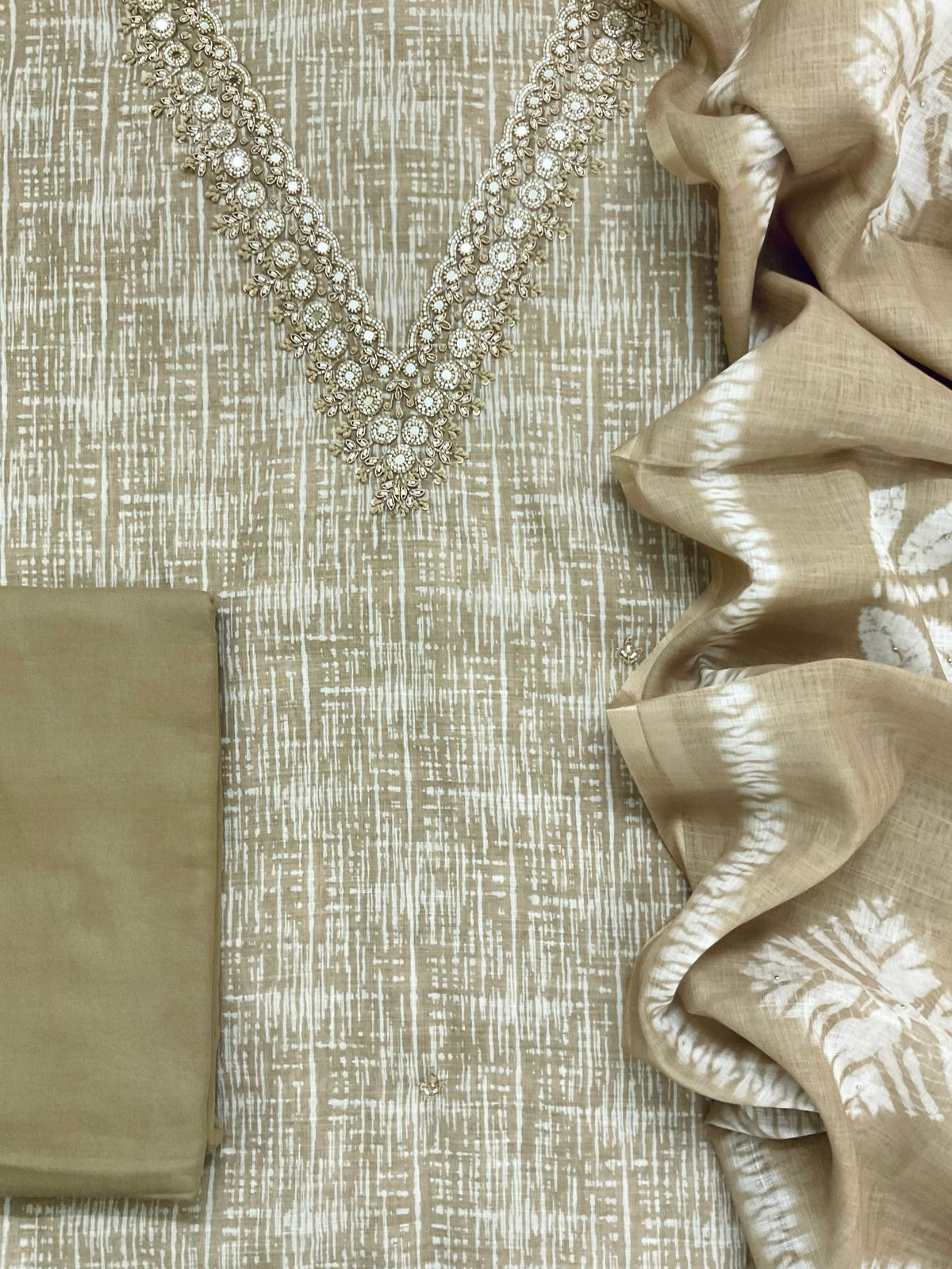 Soft Linen Jute Cotton Printed Embroidered Suit - Beige