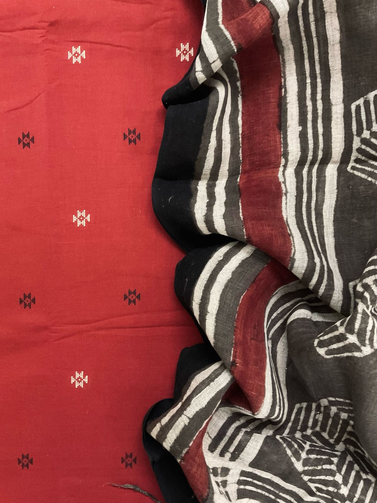 Pure Cotton Printed Self Weaved Suit - Red