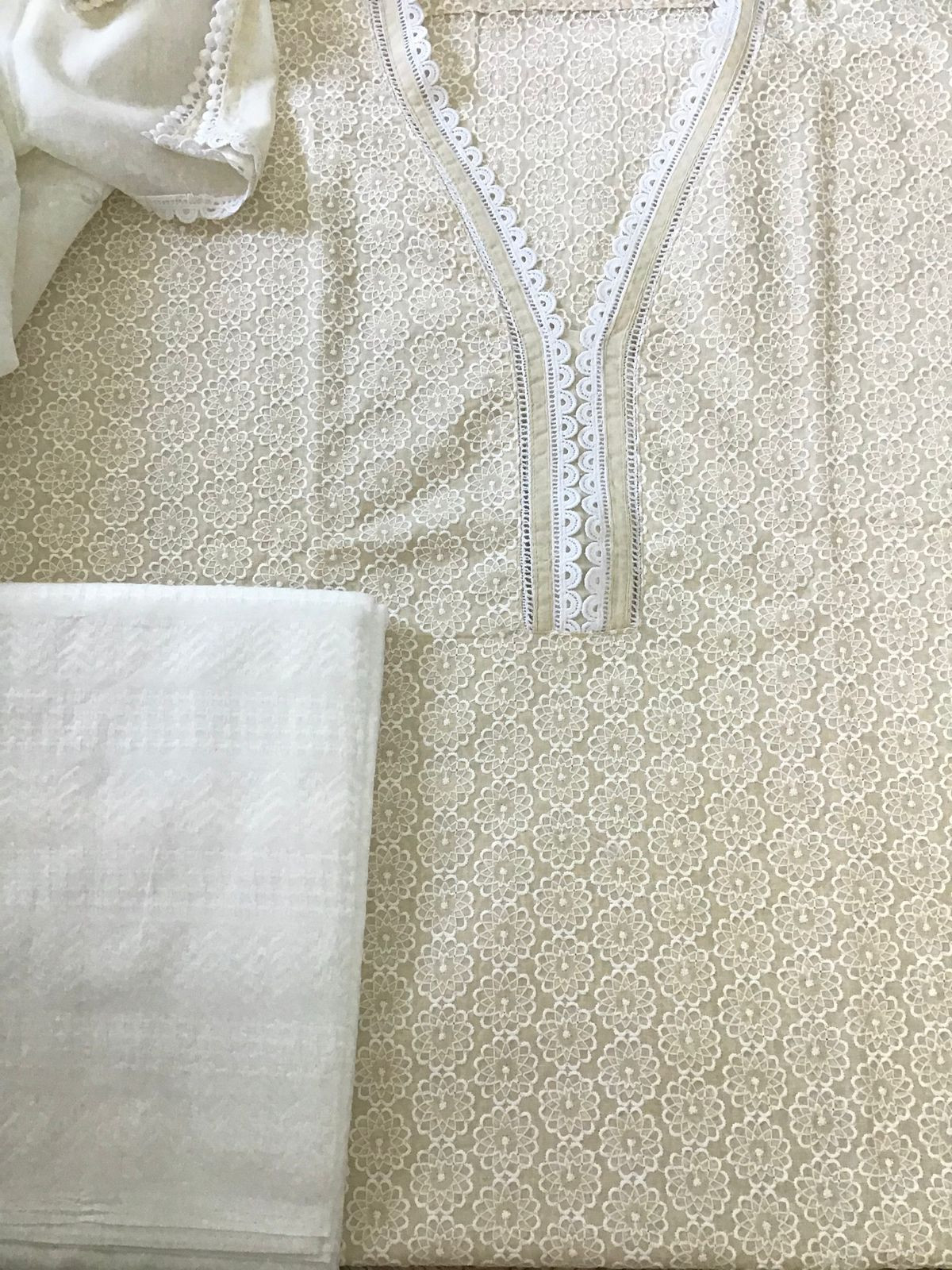 Pure Cotton Embroidered Suit - Cream
