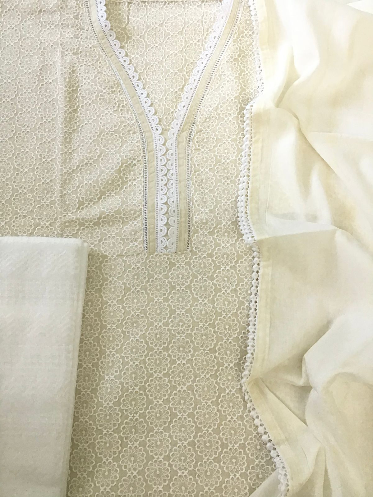 Pure Cotton Embroidered Suit - Cream