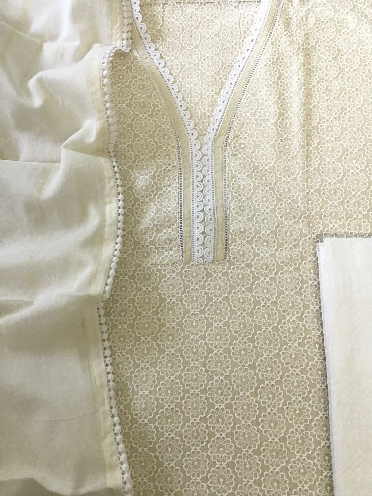Pure Cotton Embroidered Suit - Cream