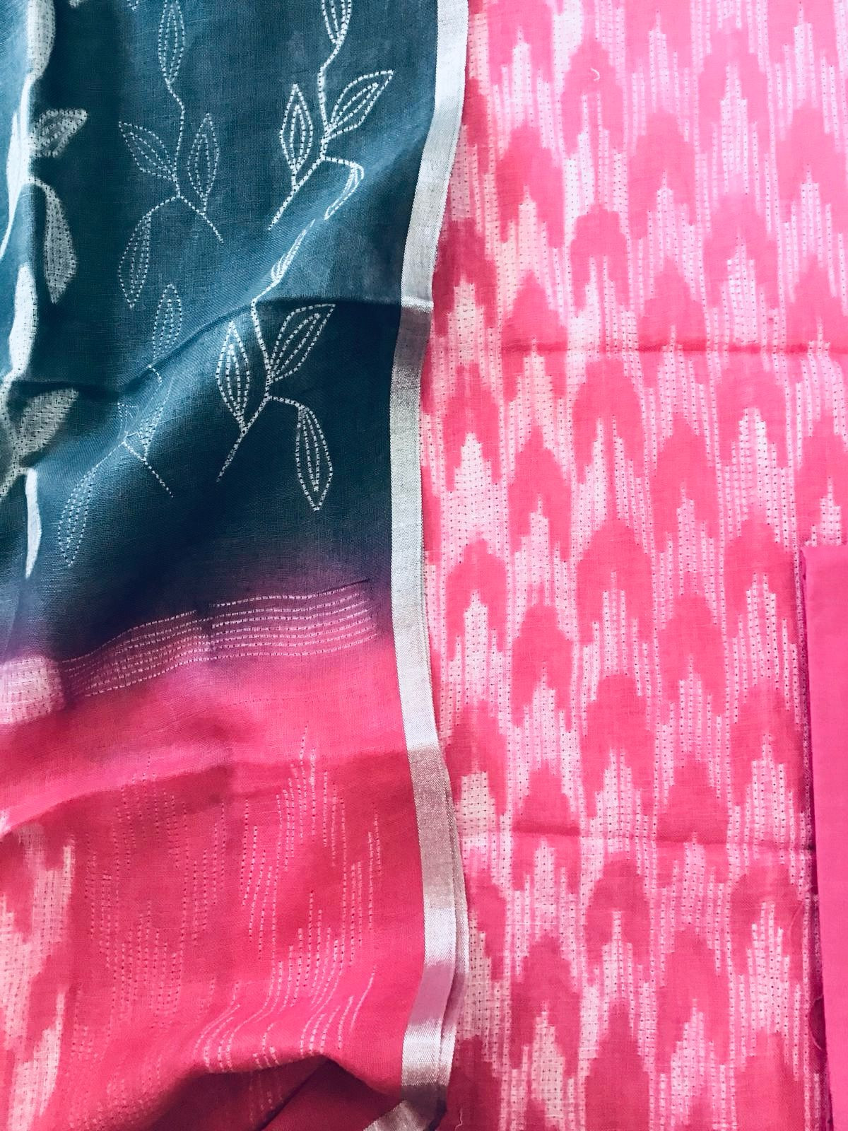 Pure Linen Jute Cotton Shibori Printed Suit - Pink