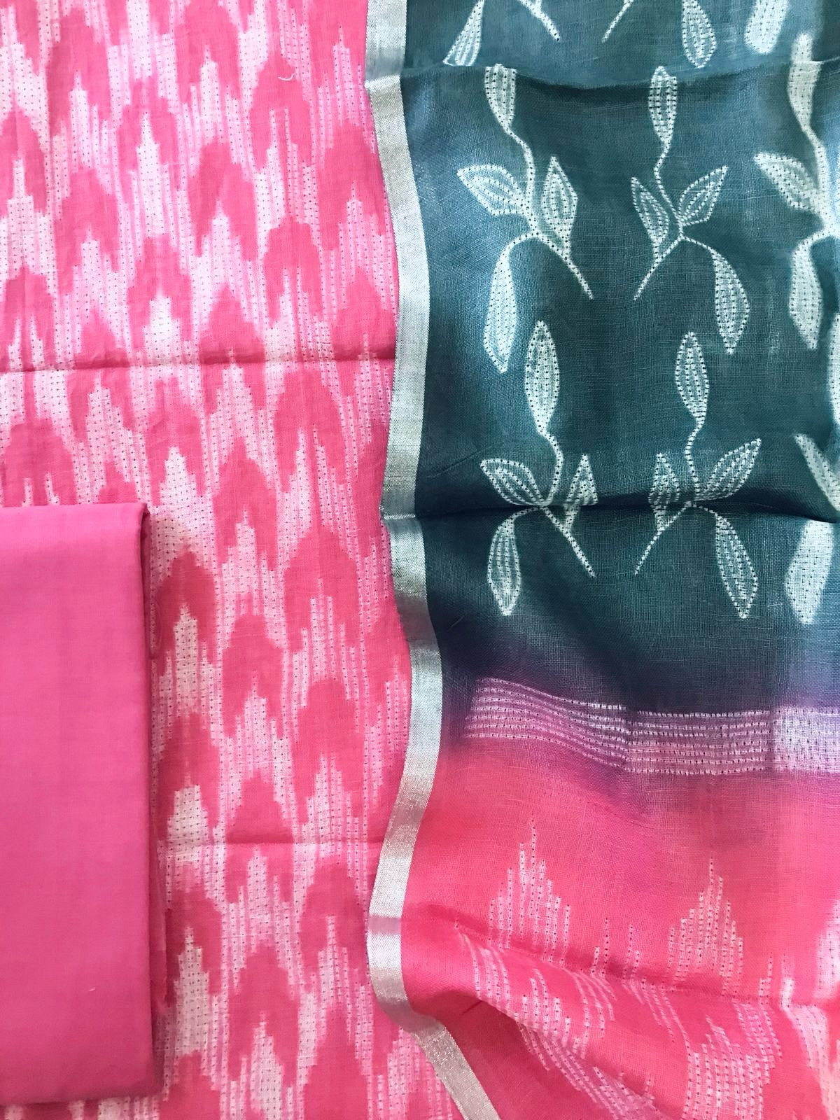 Pure Linen Jute Cotton Shibori Printed Suit - Pink