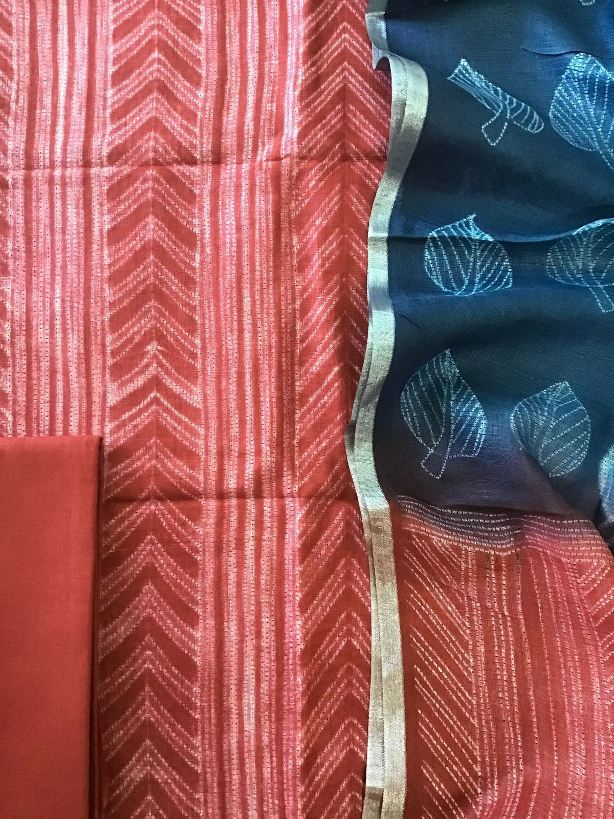 Pure Linen Jute Cotton Shibori Printed Suit - Red