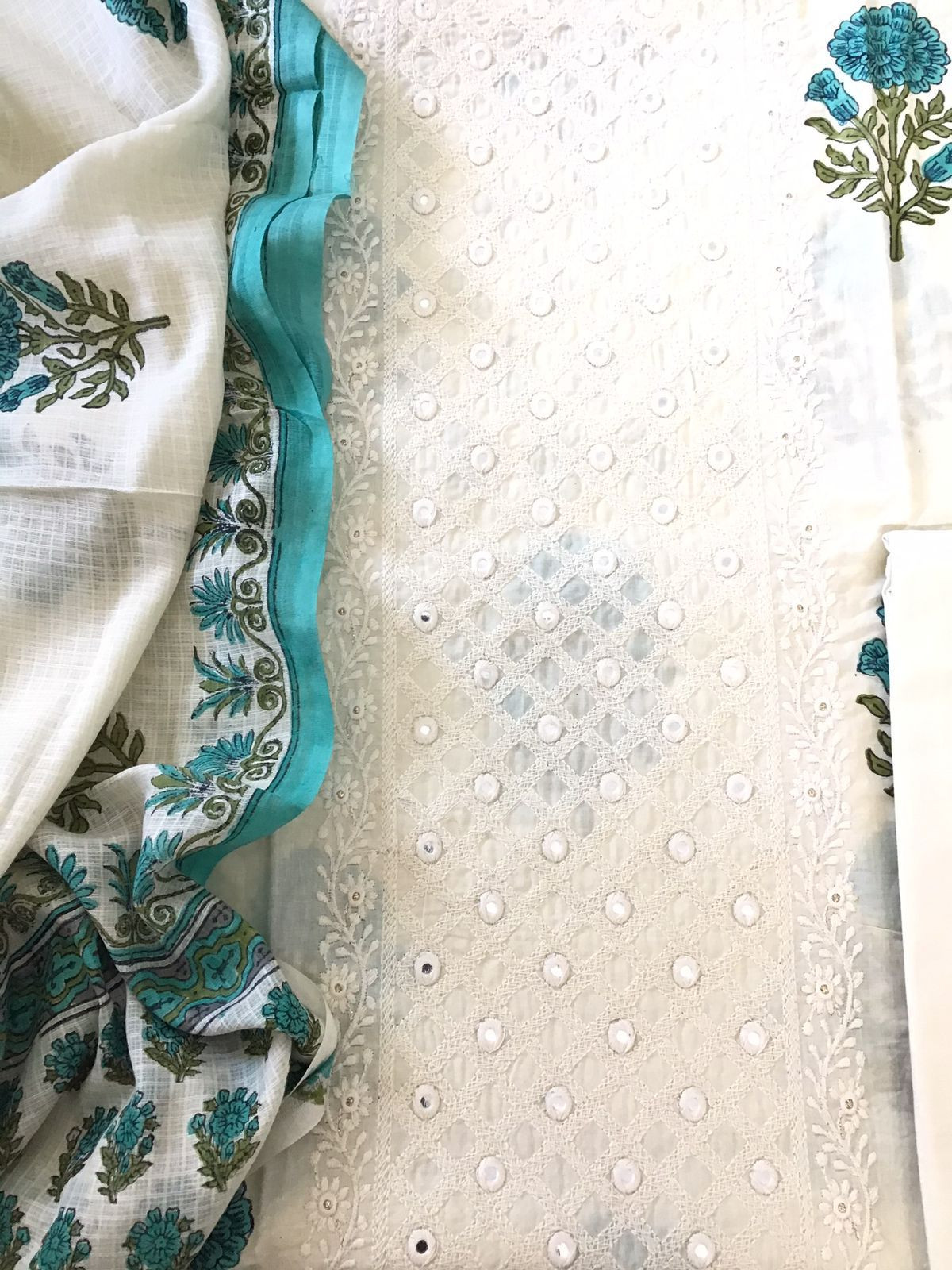 Pure Cotton Printed Embroidered Suit - Off White