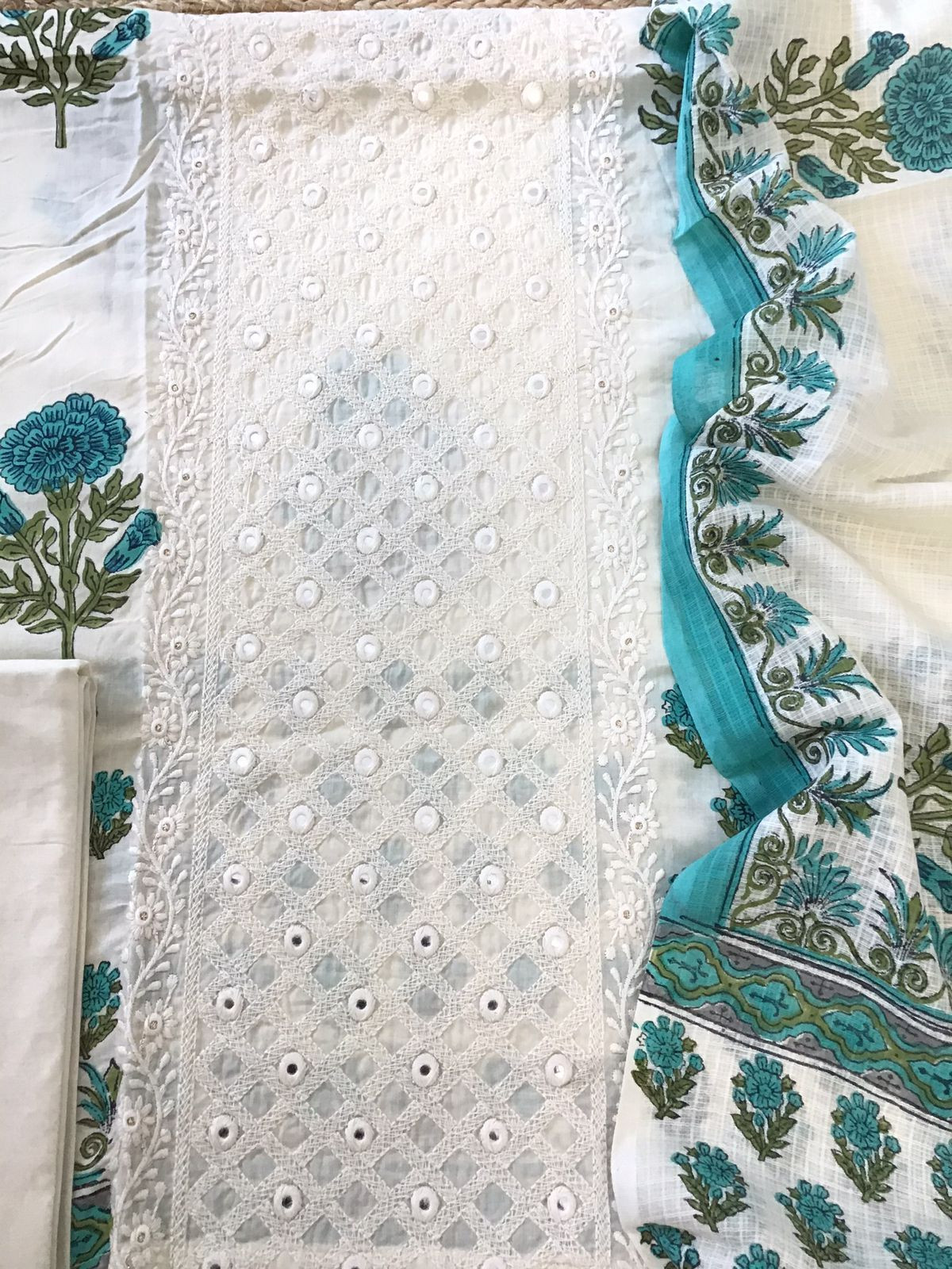 Pure Cotton Printed Embroidered Suit - Off White