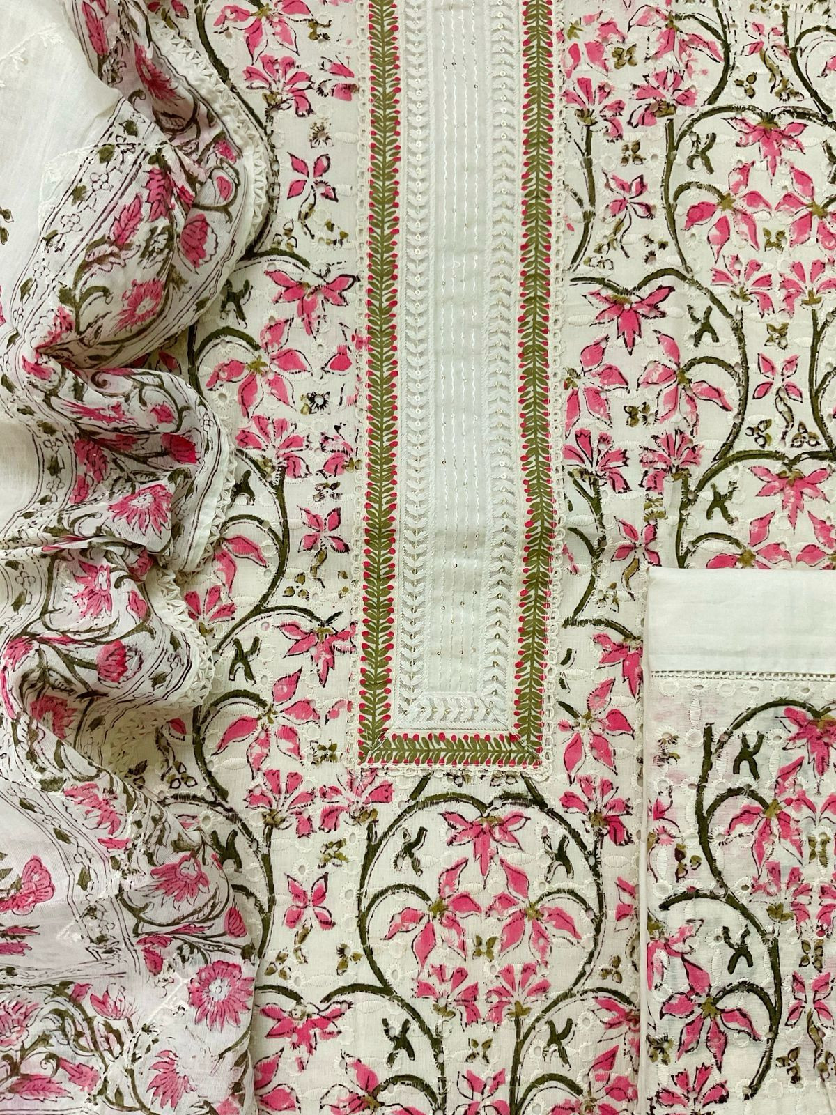 Pure Cotton Printed Embroidered Suit - Off White