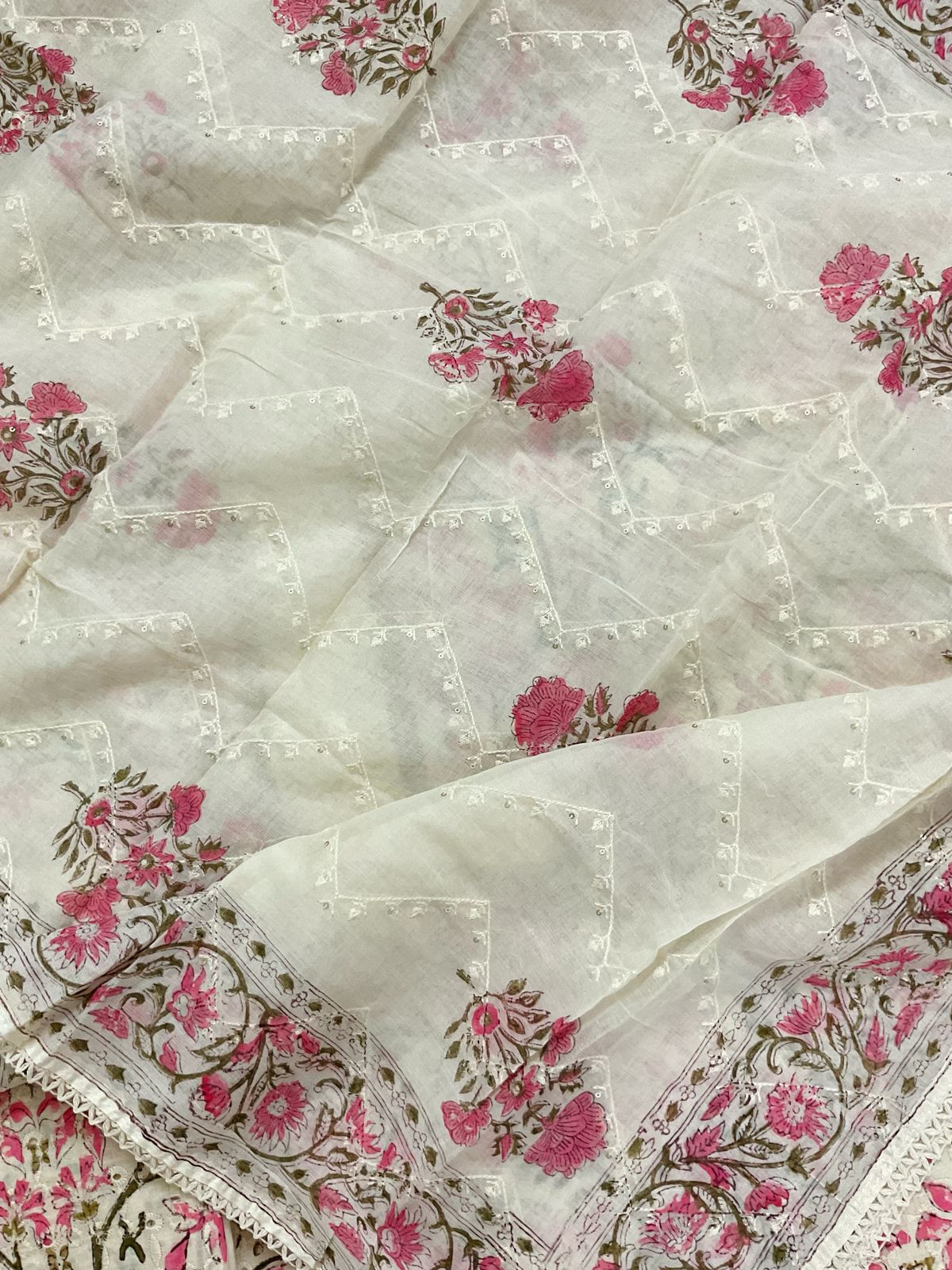 Pure Cotton Printed Embroidered Suit - Off White