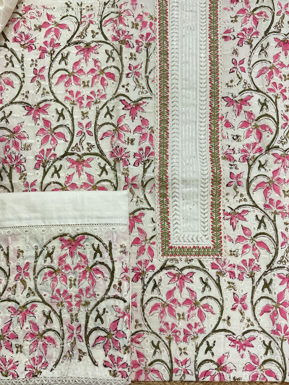 Pure Cotton Printed Embroidered Suit - Off White