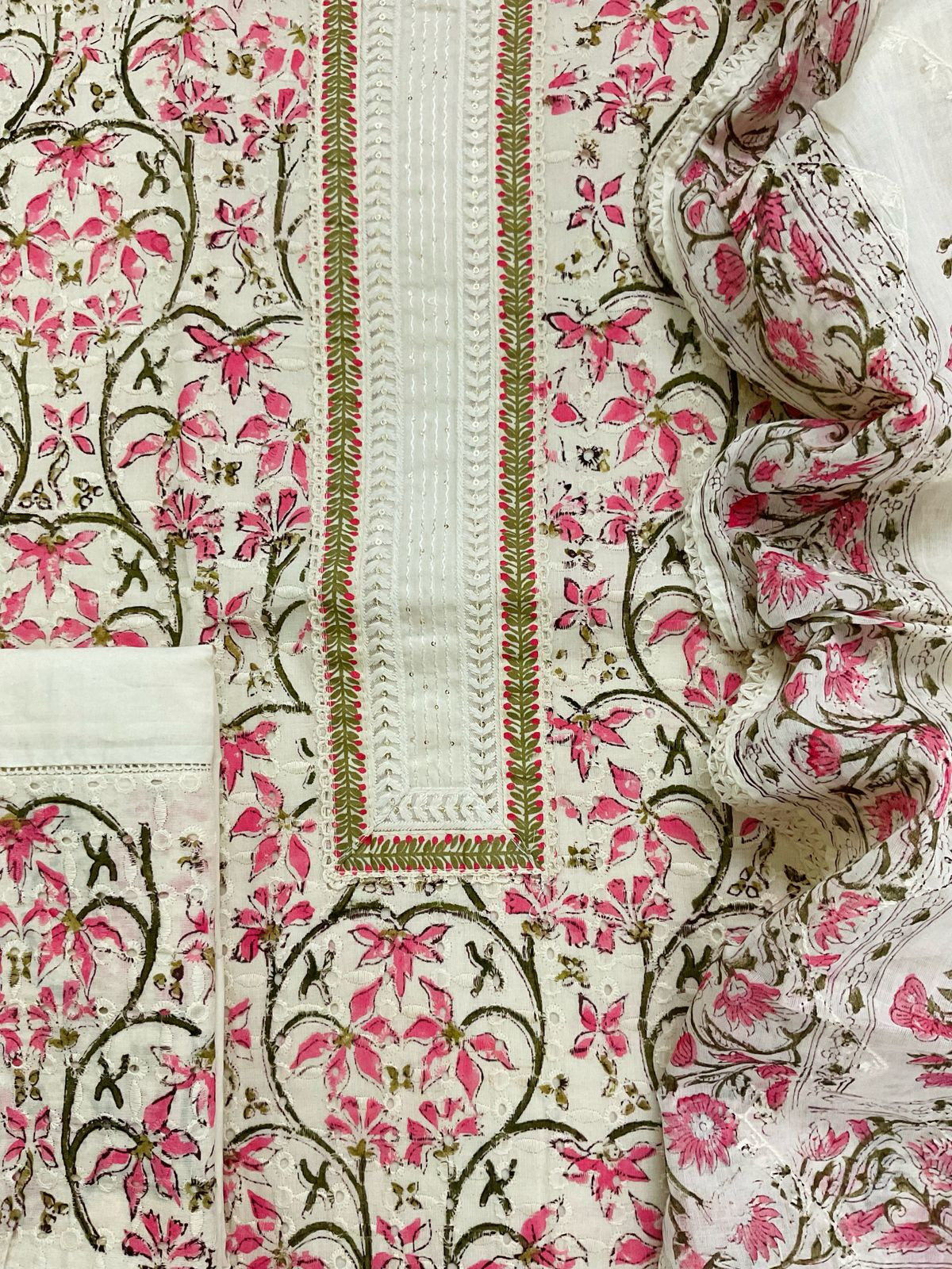 Pure Cotton Printed Embroidered Suit - Off White