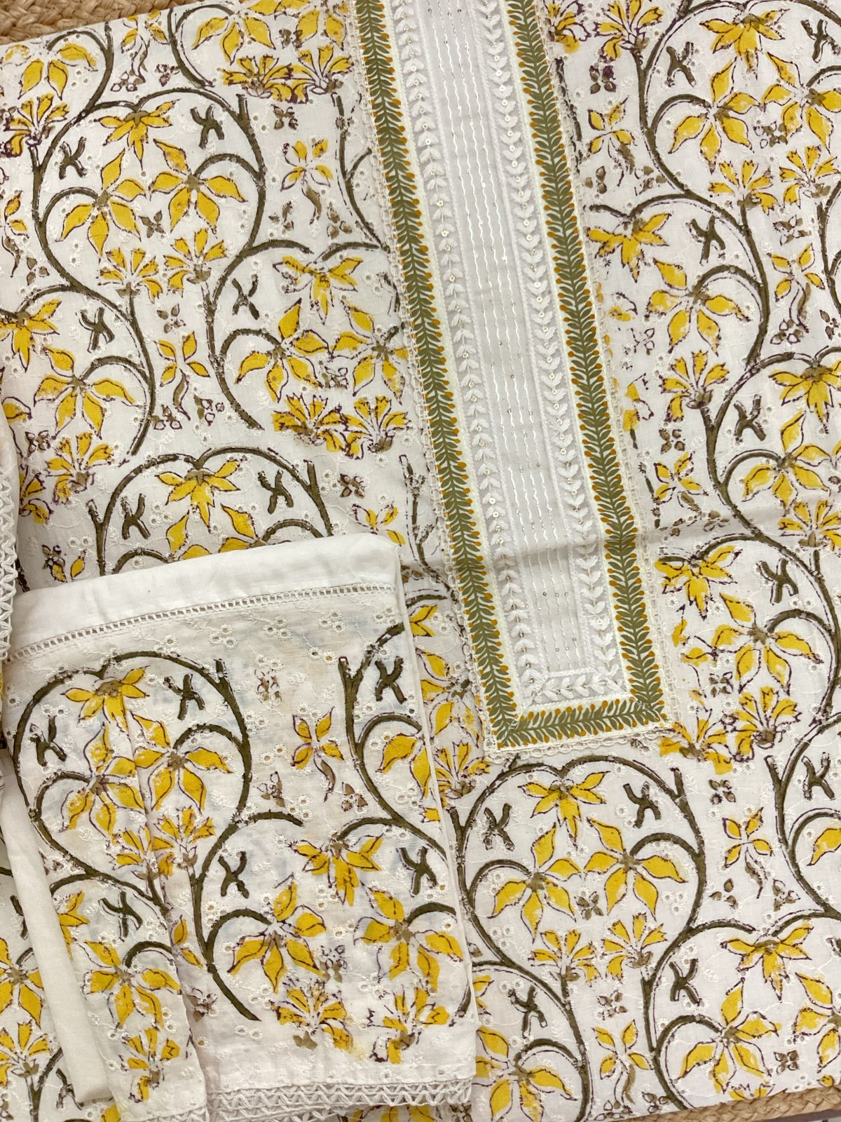 Pure Cotton Printed Embroidered Suit - Off White