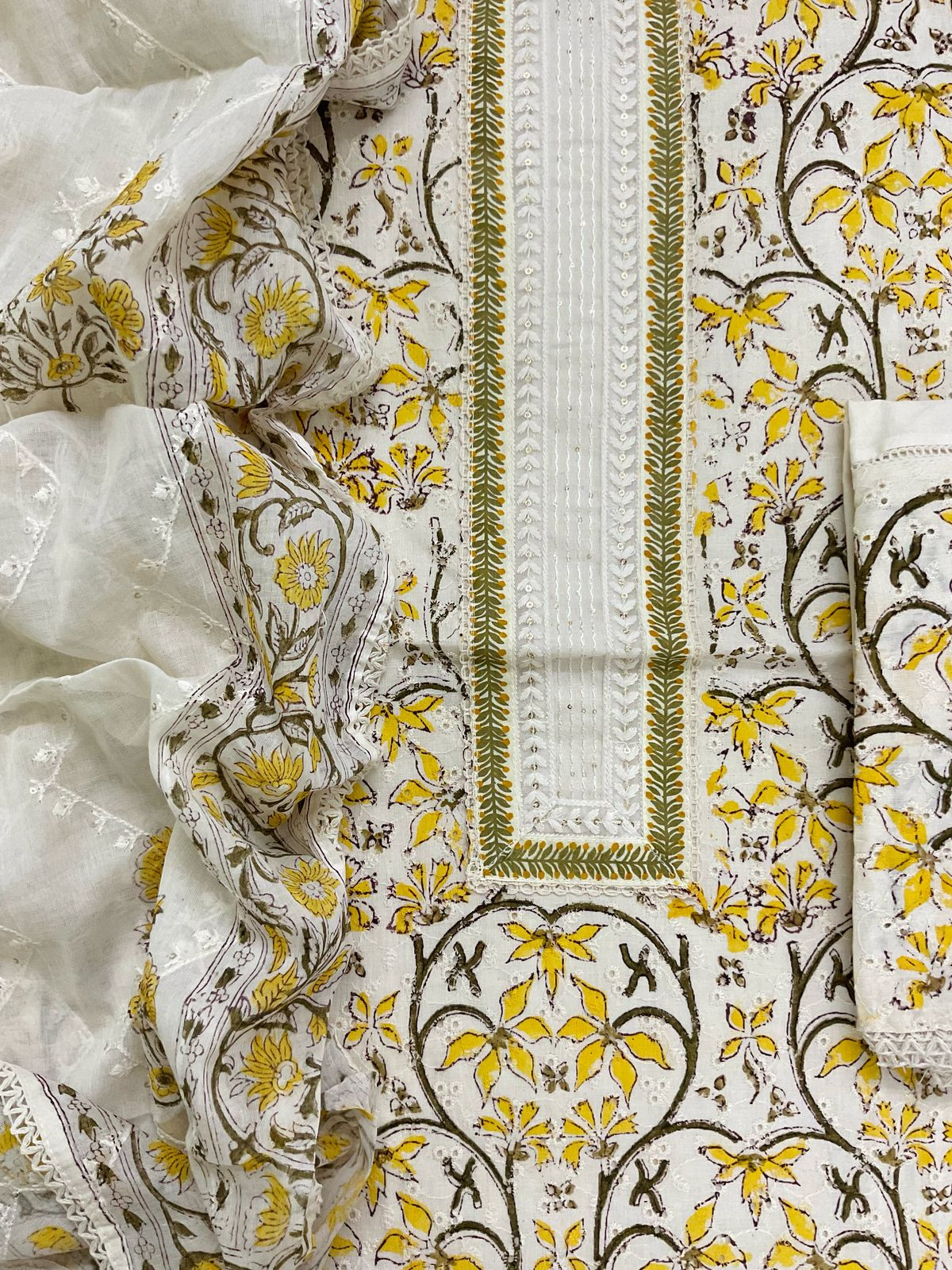 Pure Cotton Printed Embroidered Suit - Off White