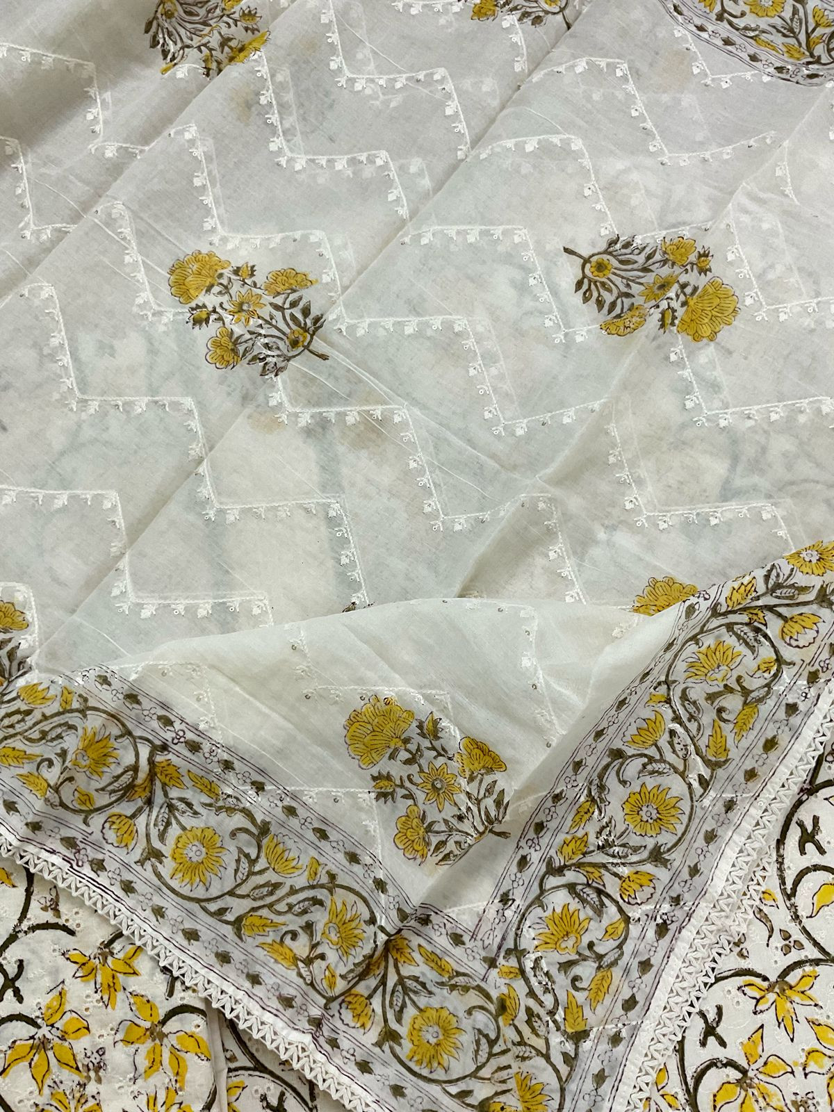 Pure Cotton Printed Embroidered Suit - Off White