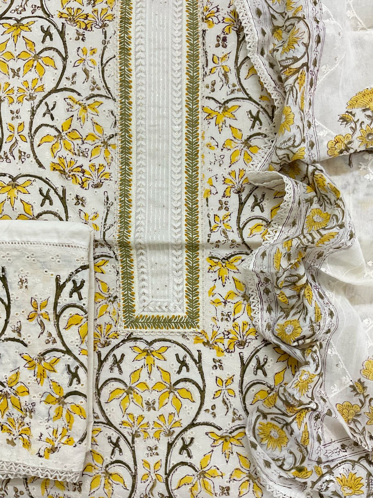 Pure Cotton Printed Embroidered Suit - Off White