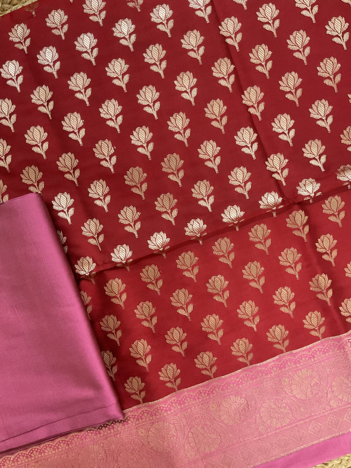 Soft Silk Banarasi Weaved Suit - Red