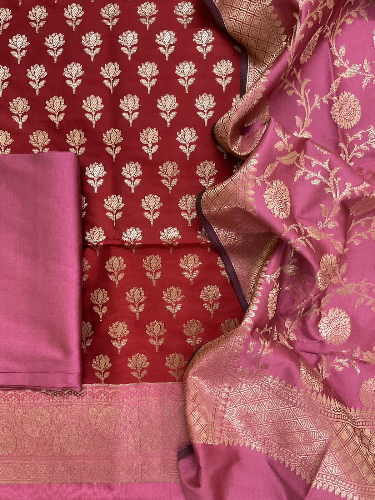 Soft Silk Banarasi Weaved Suit - Red