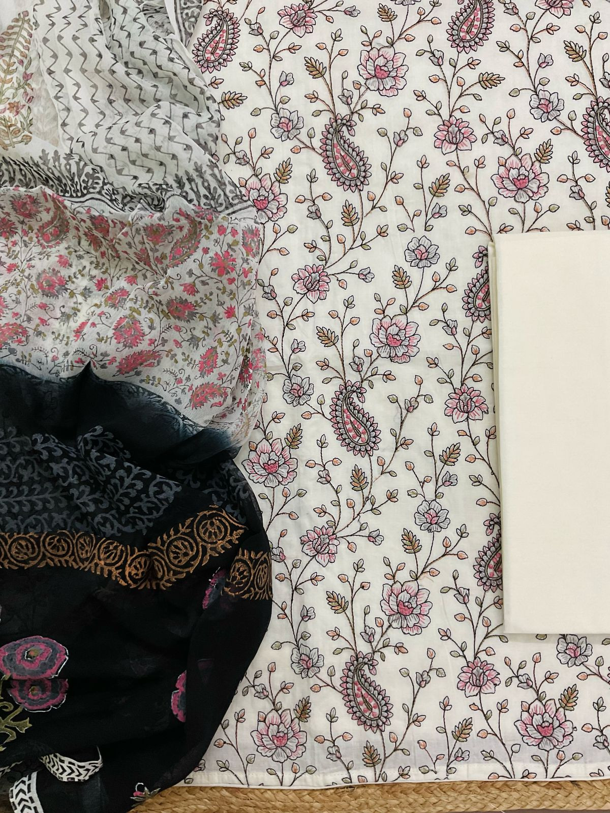 Pure Cotton Printed Embroidered Suit - Off White