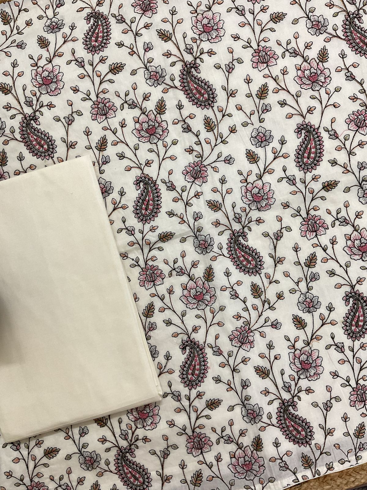 Pure Cotton Printed Embroidered Suit - Off White