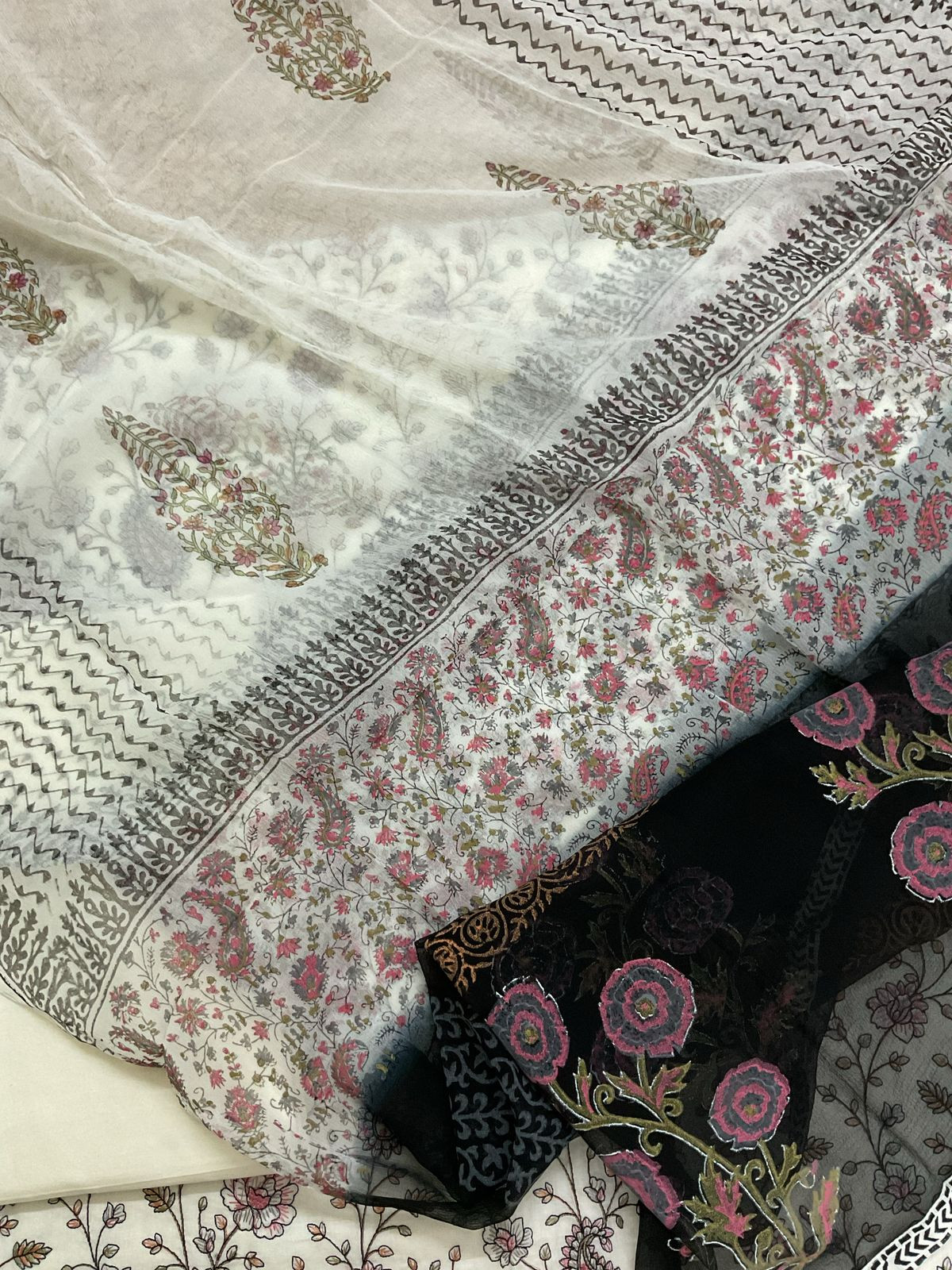 Pure Cotton Printed Embroidered Suit - Off White