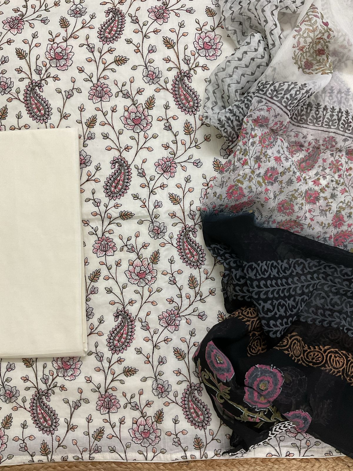 Pure Cotton Printed Embroidered Suit - Off White